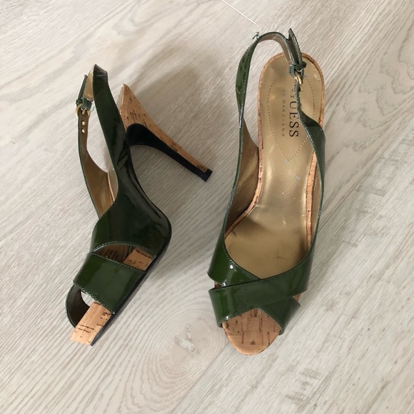 Guess by Marciano Green Leather High Heel Slingback Cork Heels - Picture 7 of 16